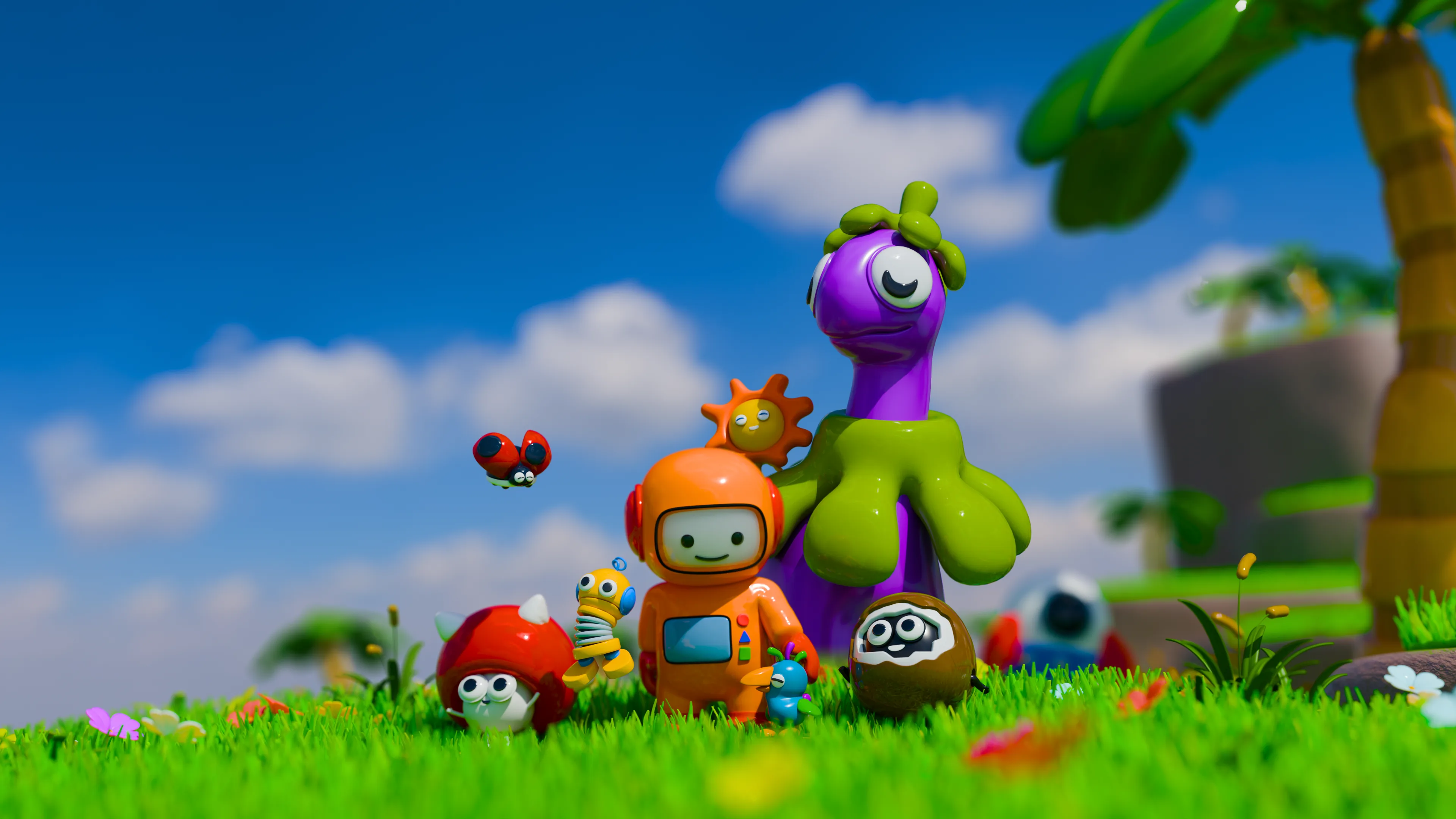 A Tonlet explorer and its creature friends on a sunlit alien meadow